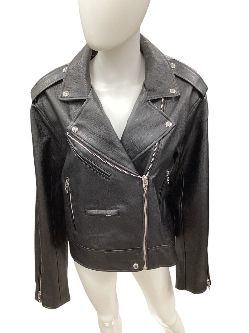 NWT BlankNYC Jacket Women’s SZ L Vegan Leather Moto Jacket Zippers Black &Silver